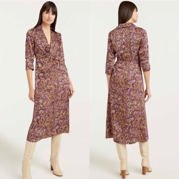 Cinq À Sept Dayna Desert Midi Purple Rose Dress Twill Gathered Size 4 - Picture 1 of 10